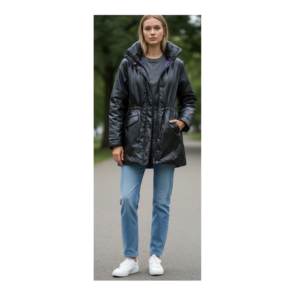 Simply Vera Wang 90s Black Utility Puffer Jacket with Purple Lining size Medium - Picture 3 of 9
